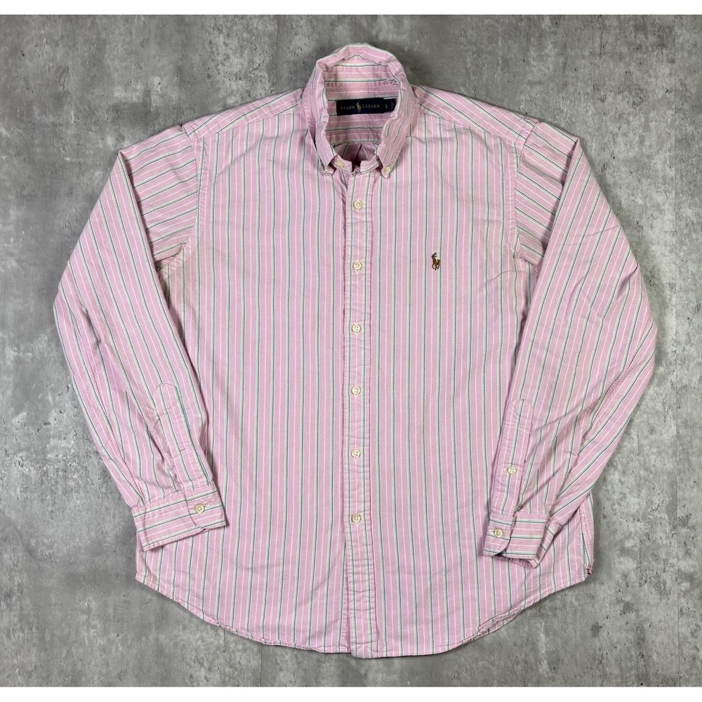 Polo Ralph Lauren Pink Striped Button Down Dress Shirt Mens Large Preppy Formal